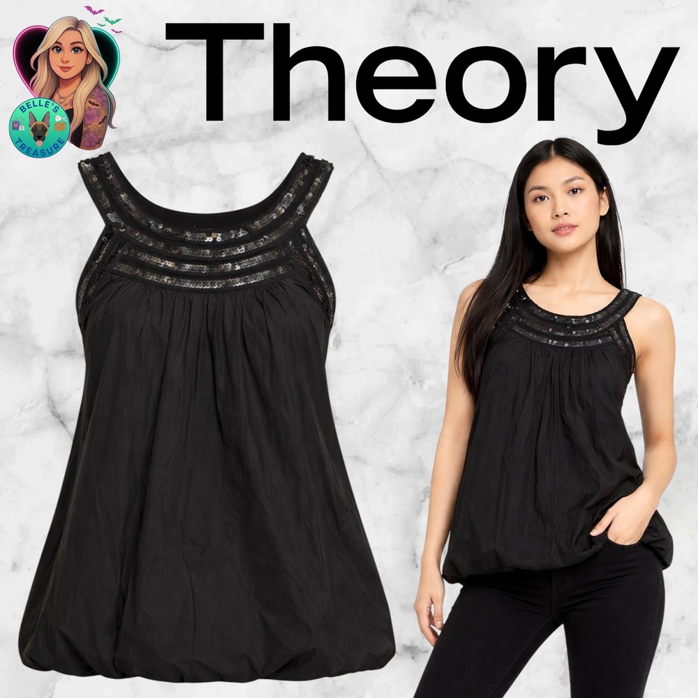 Theory Womens Medium Black Silk Sequin Neck Bubble Hem Tank Top Blouse Event